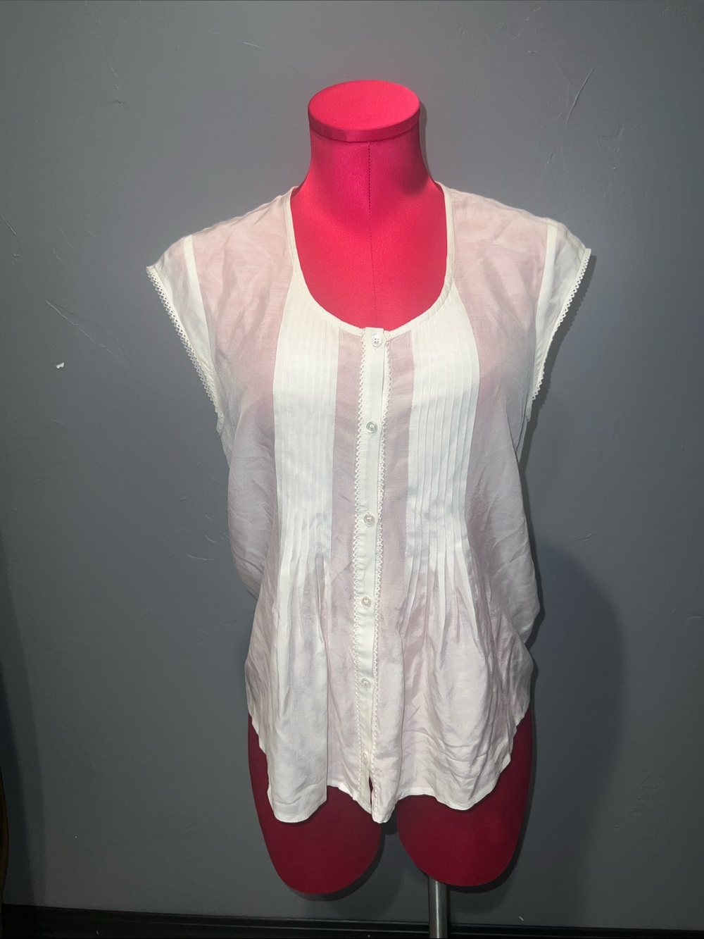 FRAME Button-Up Sheer Shirt Top Silk Blend White Lace Trim Cap Sleeve Pleats